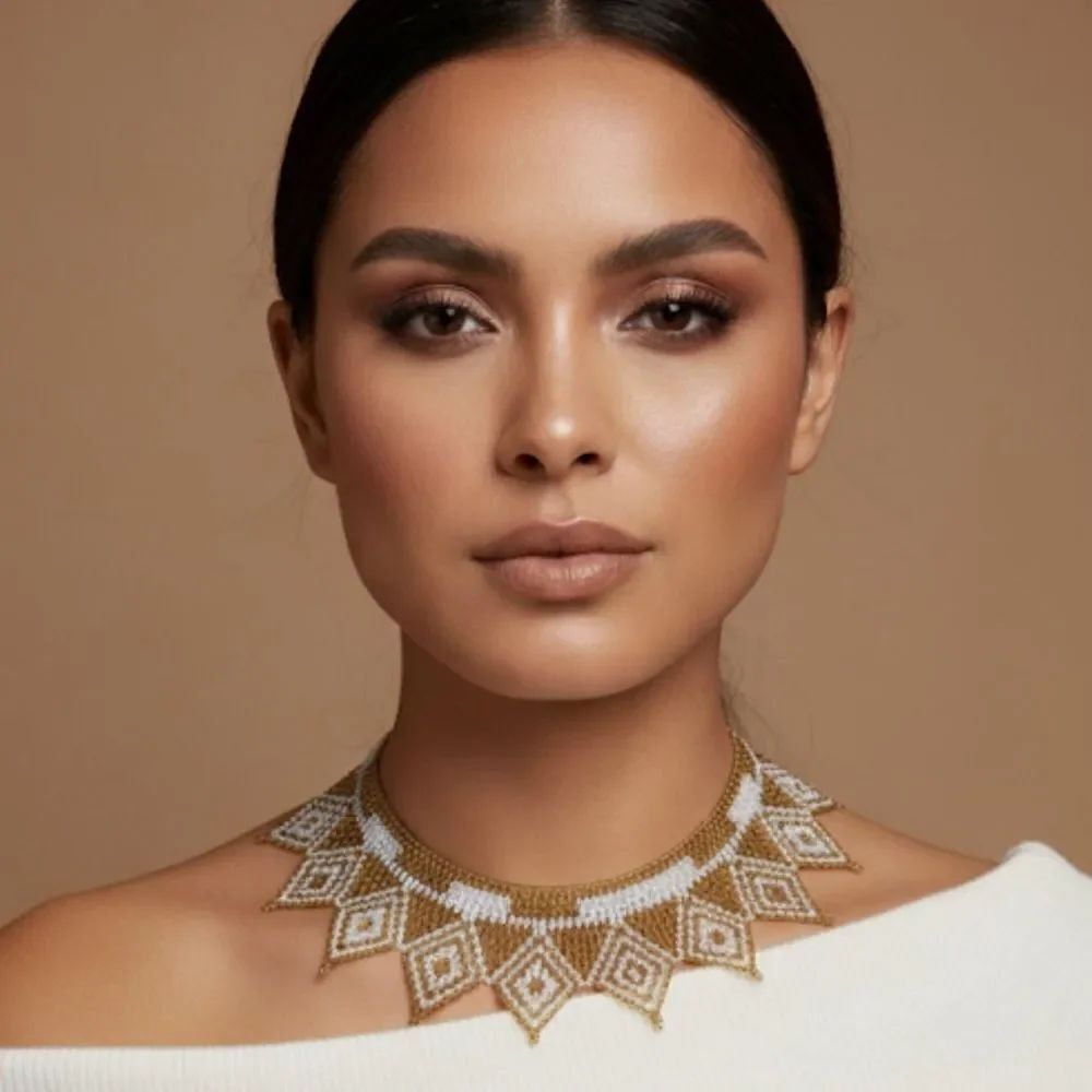 New Beautiful Handmade White & Gold Beaded Mexican Collar Necklace